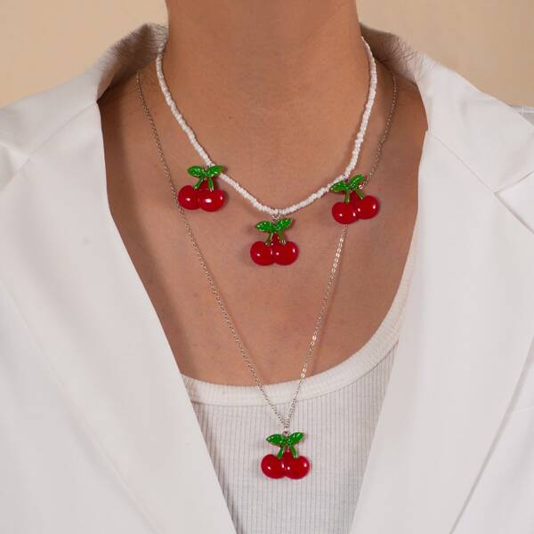 

2pcs Fruit Charm Necklace, Red