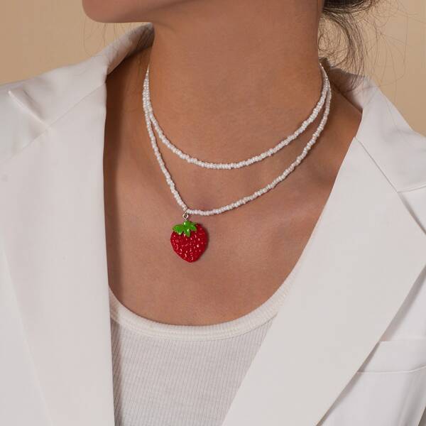 

2pcs Fruit Charm Beaded Necklace, Red