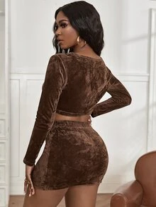 SHEIN SXY 前紐扣短款絲絨上衣和包臀半身裙 - 咖啡棕 - 查看 2