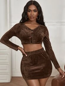 SHEIN SXY 前紐扣短款絲絨上衣和包臀半身裙 - 咖啡棕 - 查看 4