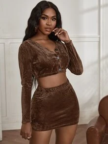 SHEIN SXY 前紐扣短款絲絨上衣和包臀半身裙 - 咖啡棕 - 查看 5