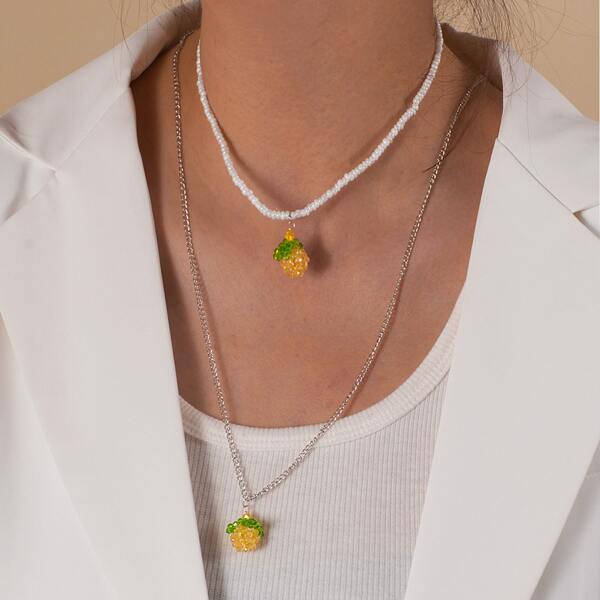 

2pcs Fruit Charm Beaded Necklace, Yellow