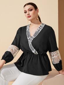 Plus Contrast Lace Peplum Top - Black - View 1