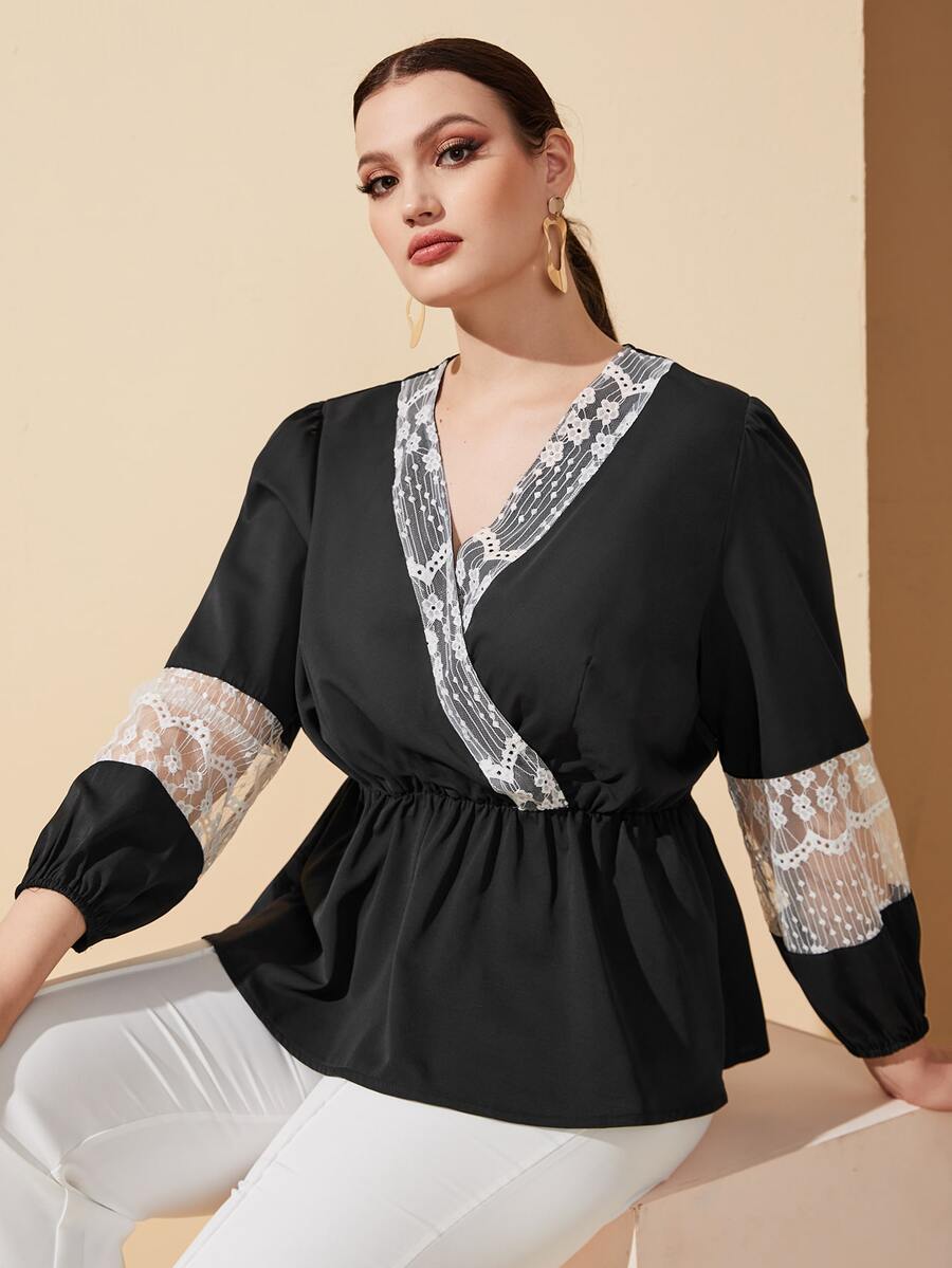 Plus Contrast Lace Peplum Top - Black - View 1