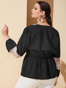 Plus Contrast Lace Peplum Top - Black - View 2