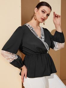 Plus Contrast Lace Peplum Top - Black - View 3
