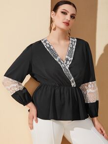 Plus Contrast Lace Peplum Top - Black - View 4