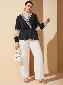 Plus Contrast Lace Peplum Top - Black - View 5