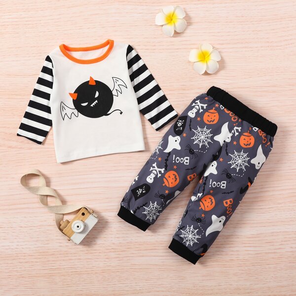 

Baby Halloween Striped And Graphic Tee & Pumpkin Pants, Multicolor