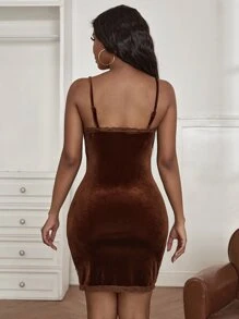 Đầm Tương phản ren Chia màu trơn Hấp dẫn - Màu nâu Sô-cô-la - Xem 2