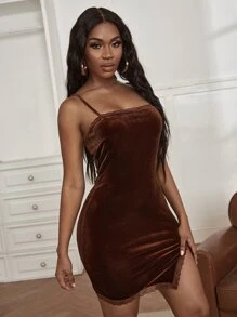 Đầm Tương phản ren Chia màu trơn Hấp dẫn - Màu nâu Sô-cô-la - Xem 4