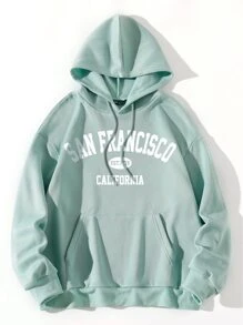 Flirla Plus Letter Graphic Kangaroo Pocket Drawstring Thermal Hoodie - Mint Green - View 1