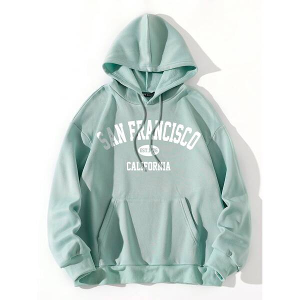 

Letter Graphic Thermal Lined Hooded Sweatshirt, Mint green