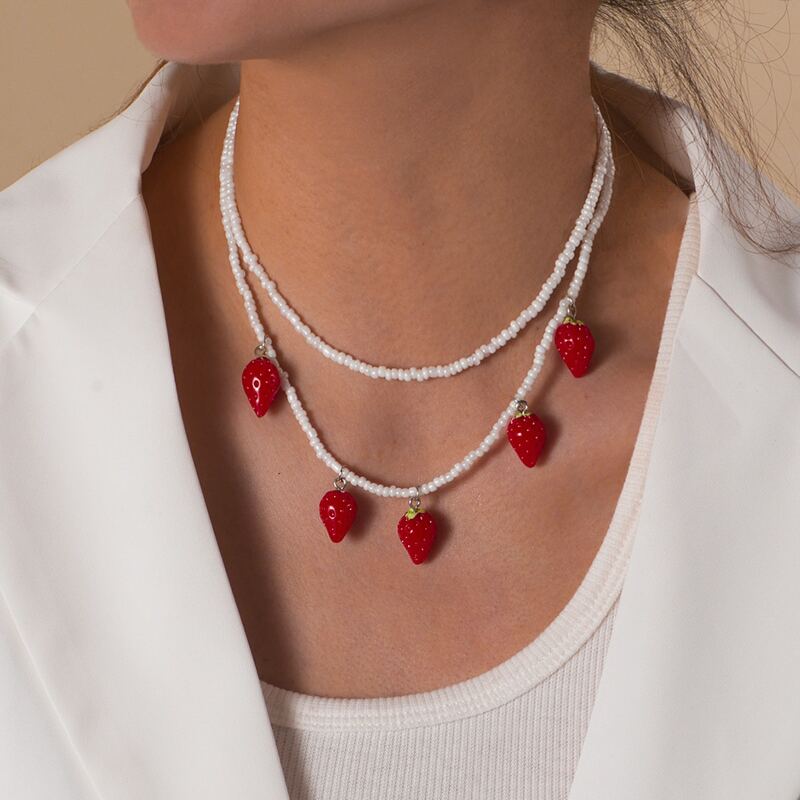 

2pcs Fruit Charm Beaded Necklace, Red