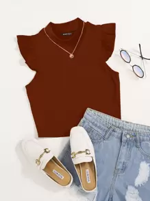 SHEIN Essnce Top ribete con fruncido tejido de canalé unicolor - Marrón - Ver 1