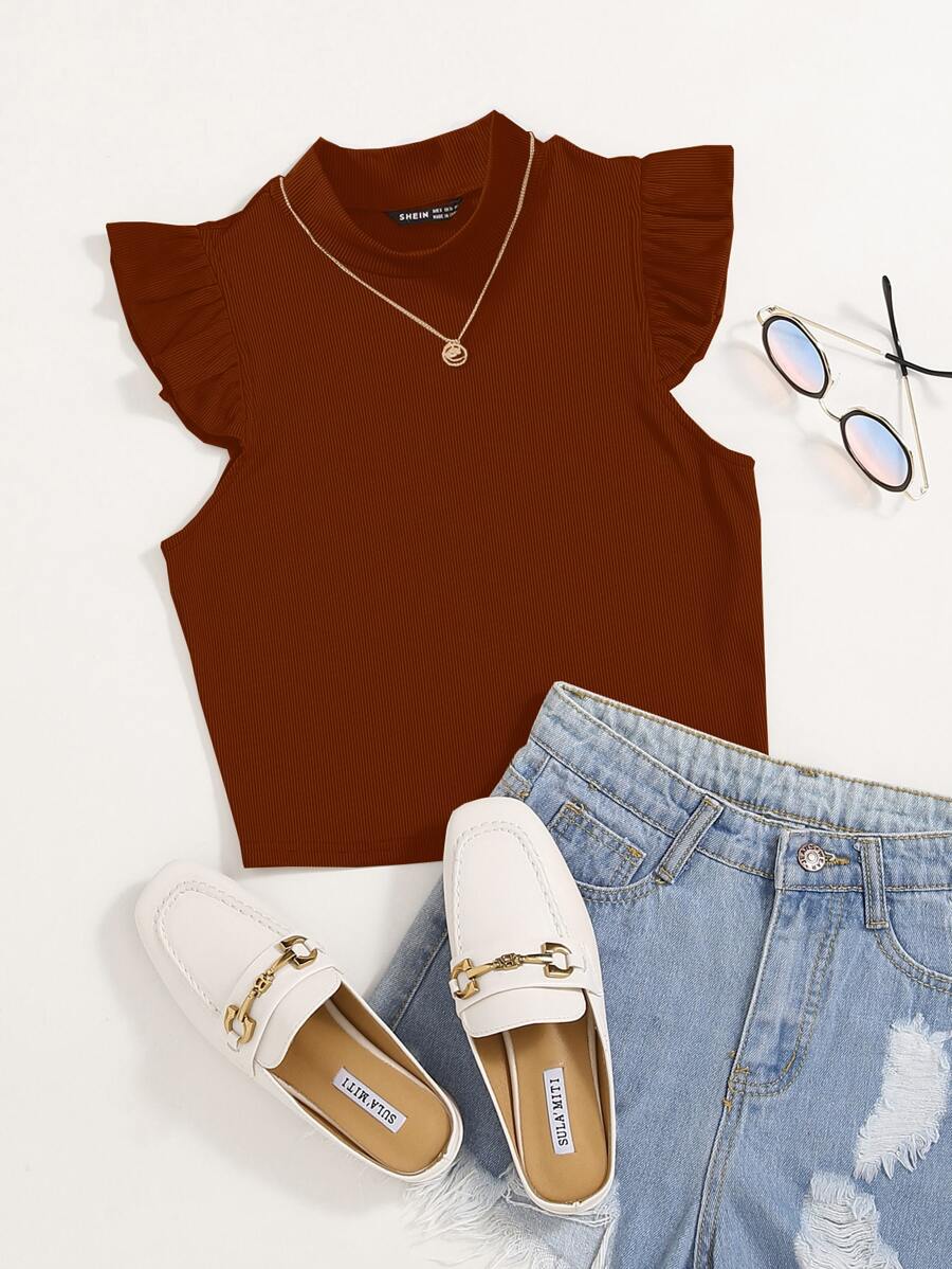 SHEIN Essnce Top ribete con fruncido tejido de canalé unicolor - Marrón - Ver 1