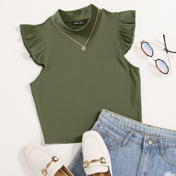 

Solid Rib Knit Ruffle Trimed Top, Army green
