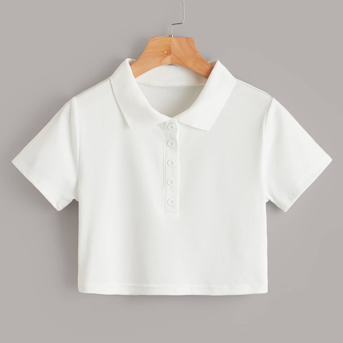 

Solid Polo Ribbed Crop Tee, White