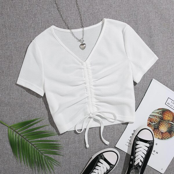 

Drawstring Front Crop Solid Tee, White