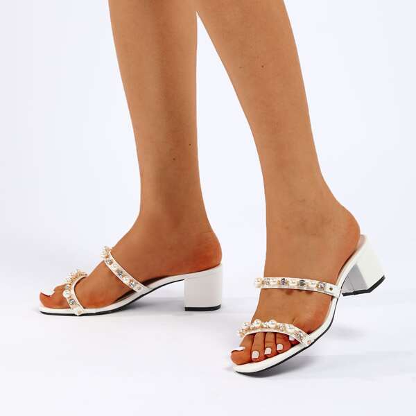 

Pearl & Rhinestone Decor Chunky Sandals, White