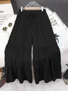 SHEIN VCAY Quần Plus Size Thắt nút Viên lá sen màu trơn Boho - màu đen - Xem 1