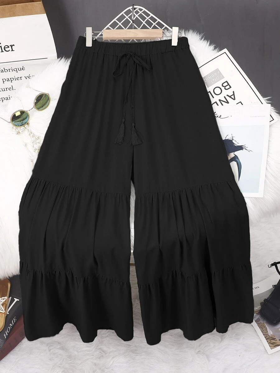 SHEIN VCAY Quần Plus Size Thắt nút Viên lá sen màu trơn Boho - màu đen - Xem 1