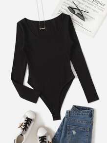 SHEIN EZwear Solid Ribbed Knit Round Neck Casual Tee Bodysuit - Black - View 6