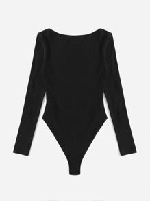 SHEIN EZwear Solid Ribbed Knit Round Neck Casual Tee Bodysuit - Black - View 2