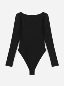 SHEIN EZwear Solid Ribbed Knit Round Neck Casual Tee Bodysuit - Black - View 3