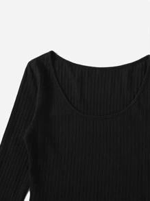 SHEIN EZwear Solid Ribbed Knit Round Neck Casual Tee Bodysuit - Black - View 4