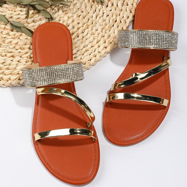 

Metallic Pattern Rhinestone Decor Flat Sandals, Gold