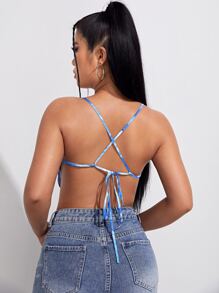 SHEIN 大理石圖案露背繫帶吊帶上衣 - 藍白色 - 查看 2