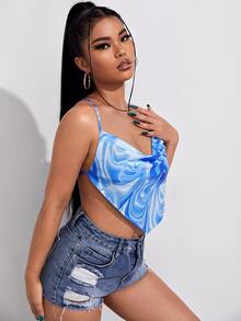 SHEIN 大理石圖案露背繫帶吊帶上衣 - 藍白色 - 查看 5