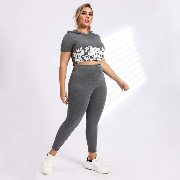 

Plus Tie Dye Drawstring Hem Marled Hooded Tee & Leggings, Dark grey