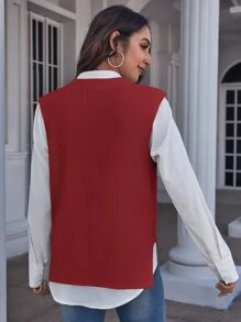 SHEIN Essnce Solid Sweater Vest Without Blouse - Red - View 2