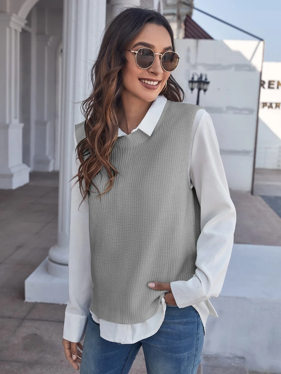 SHEIN Essnce Solid Sweater Vest Without Blouse - Light Grey - View 1