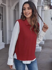 SHEIN Essnce Solid Sweater Vest Without Blouse - Red - View 3