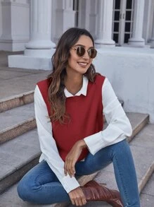 SHEIN Essnce Solid Sweater Vest Without Blouse - Red - View 4