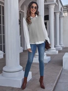SHEIN Essnce Solid Sweater Vest Without Blouse - Light Grey - View 3