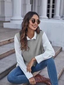 SHEIN Essnce Solid Sweater Vest Without Blouse - Light Grey - View 4