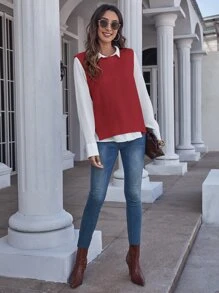 SHEIN Essnce Solid Sweater Vest Without Blouse - Red - View 5