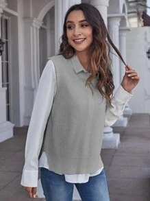 SHEIN Essnce Solid Sweater Vest Without Blouse - Light Grey - View 5