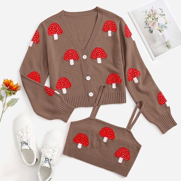 

Mushroom Pattern Cardigan With Cami, Coffee brown