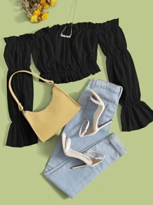 SHEIN Unity Áo nữ Xù Viên lá sen màu trơn Giải trí - màu đen - Xem 1