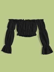 SHEIN Unity Áo nữ Xù Viên lá sen màu trơn Giải trí - màu đen - Xem 2