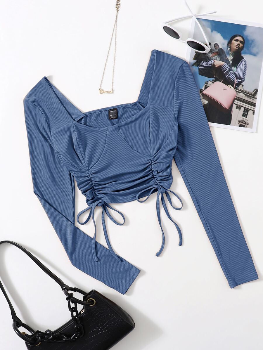 Solid Rib Drawstring Hem Tee - Blue - View 1