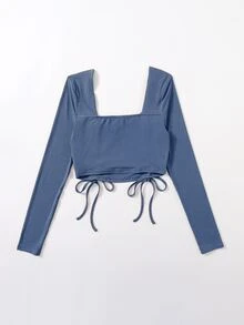 Solid Rib Drawstring Hem Tee - Blue - View 2