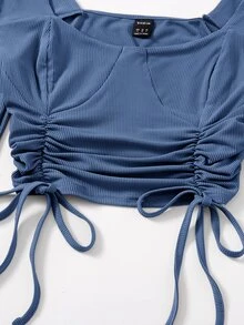 Solid Rib Drawstring Hem Tee - Blue - View 3
