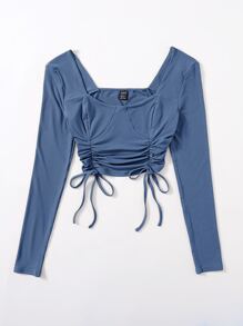 Solid Rib Drawstring Hem Tee - Blue - View 4