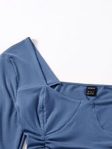 Solid Rib Drawstring Hem Tee - Blue - View 5